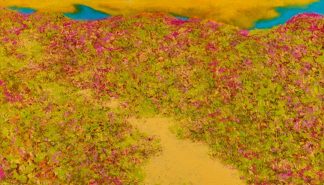 An abstract landscape featuring a vibrant mixture of green and pink foliage with a sandy pathway, under a colorful sky.