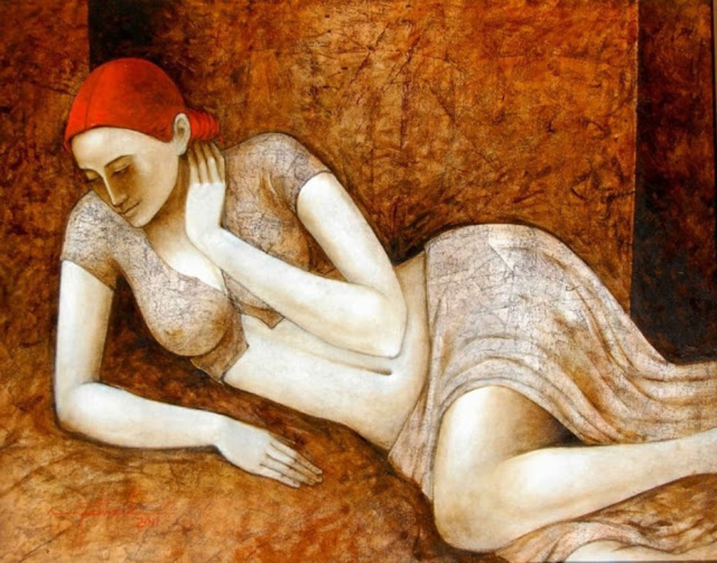 A painting of a woman lying down, with a thoughtful expression and red hair, set against a warm, textured brown background.