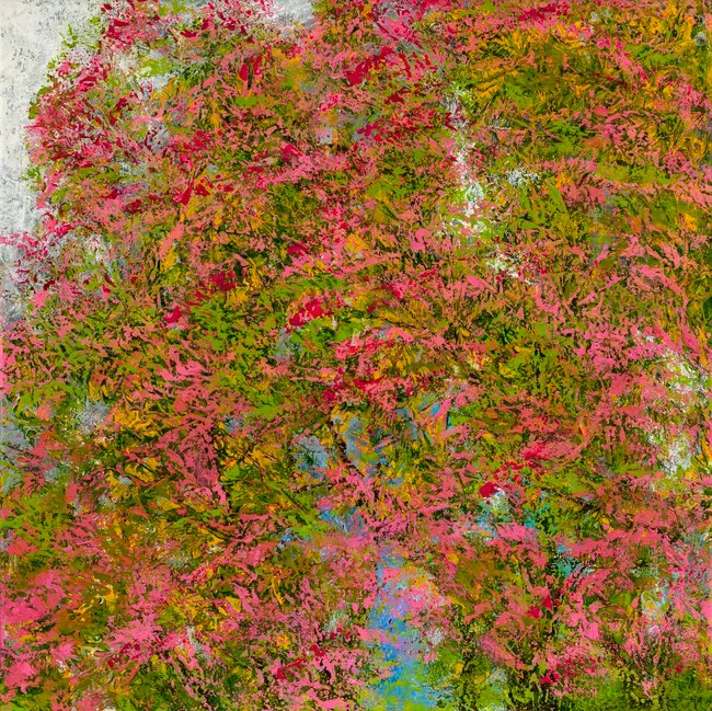 Abstract painting featuring vibrant shades of pink and green, reminiscent of foliage, with textured brushstrokes creating a sense of depth.