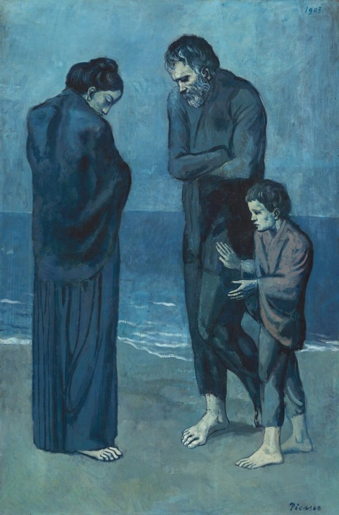 A painting depicting three figures on a beach, featuring a woman, a man, and a child, all with somber expressions and dressed in dark clothing, set against a blue-toned background.