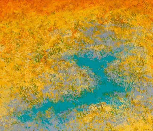 Abstract painting featuring vibrant orange and yellow hues with patches of blue and green textures.