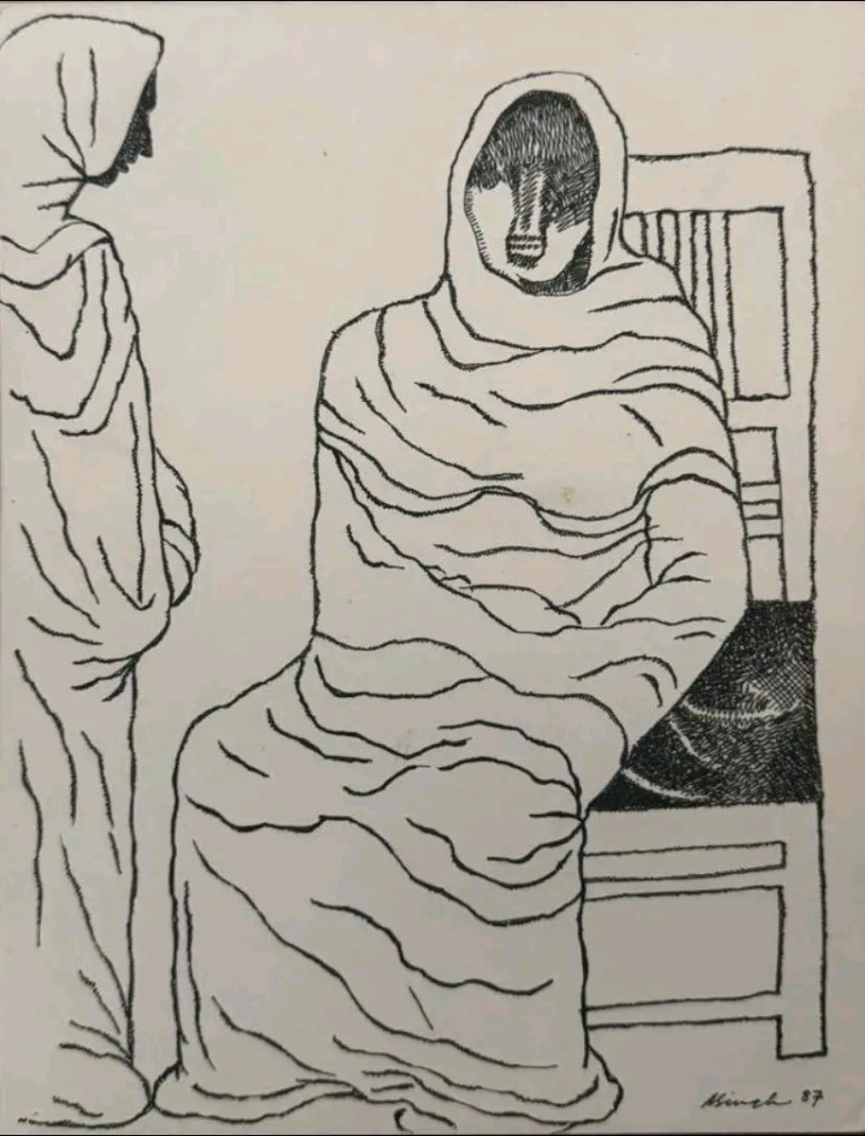 Two figures draped in flowing robes, one sitting on a chair and the other standing beside them, depicted in a minimalist black and white style.