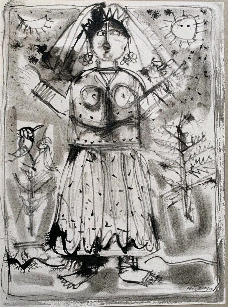 A stylized black and white drawing of a woman with prominent features, wearing a traditional dress and adorned with earrings and a headpiece, surrounded by abstract flora and celestial elements.
