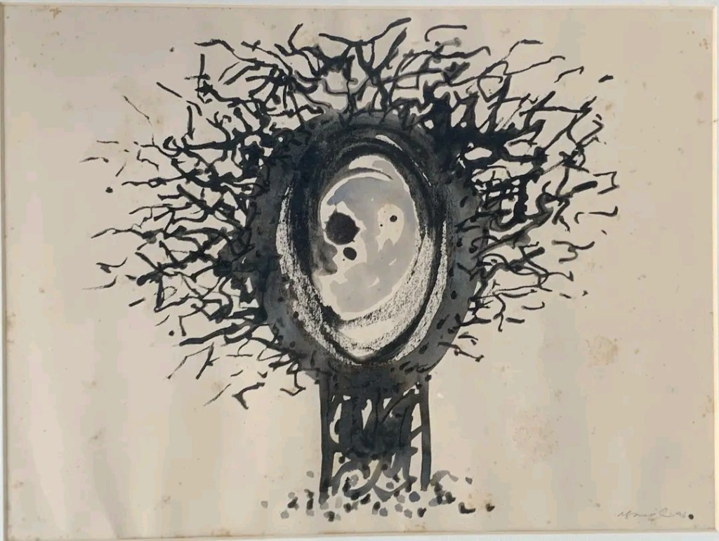 Abstract black and white artwork featuring a central circular shape surrounded by chaotic, branching lines, resembling a tree or explosion.