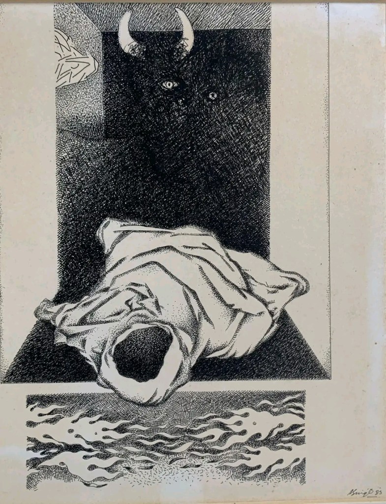 A dark, surreal illustration depicting a figure wrapped in a white cloth, lying on the ground with an empty hood. In the background, a shadowy presence with horns and eerie eyes looms, creating a sense of unease.
