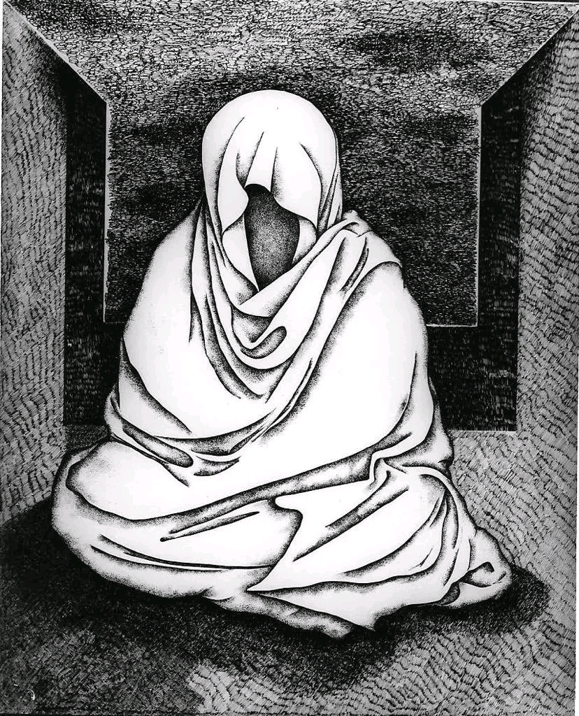 A monochromatic drawing of a cloaked figure sitting in a meditative pose, with the face obscured by a hood, set against a textured background.