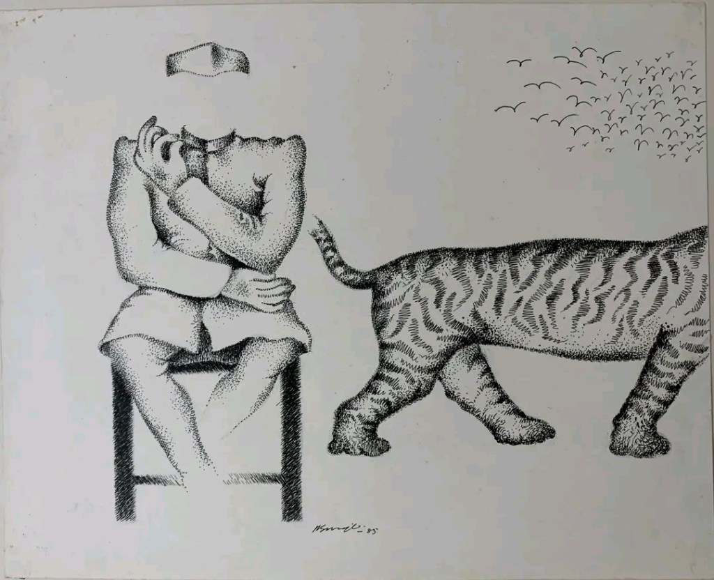 A surreal illustration featuring a headless figure sitting on a chair with arms crossed, beside a walking tiger. The background includes a flock of birds in flight.