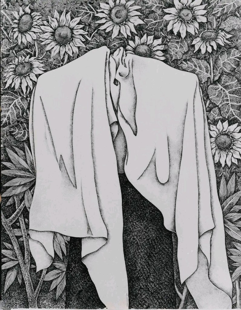 A cloaked figure stands among a backdrop of sunflowers and foliage, depicted in intricate black and white.