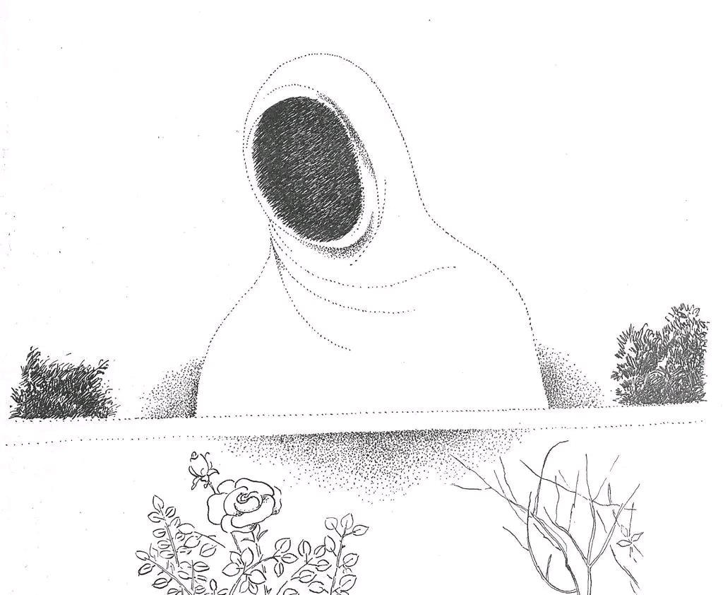 A mysterious figure in a hooded cloak with a dark void for a face, surrounded by foliage and blooming flowers at the bottom of the image.