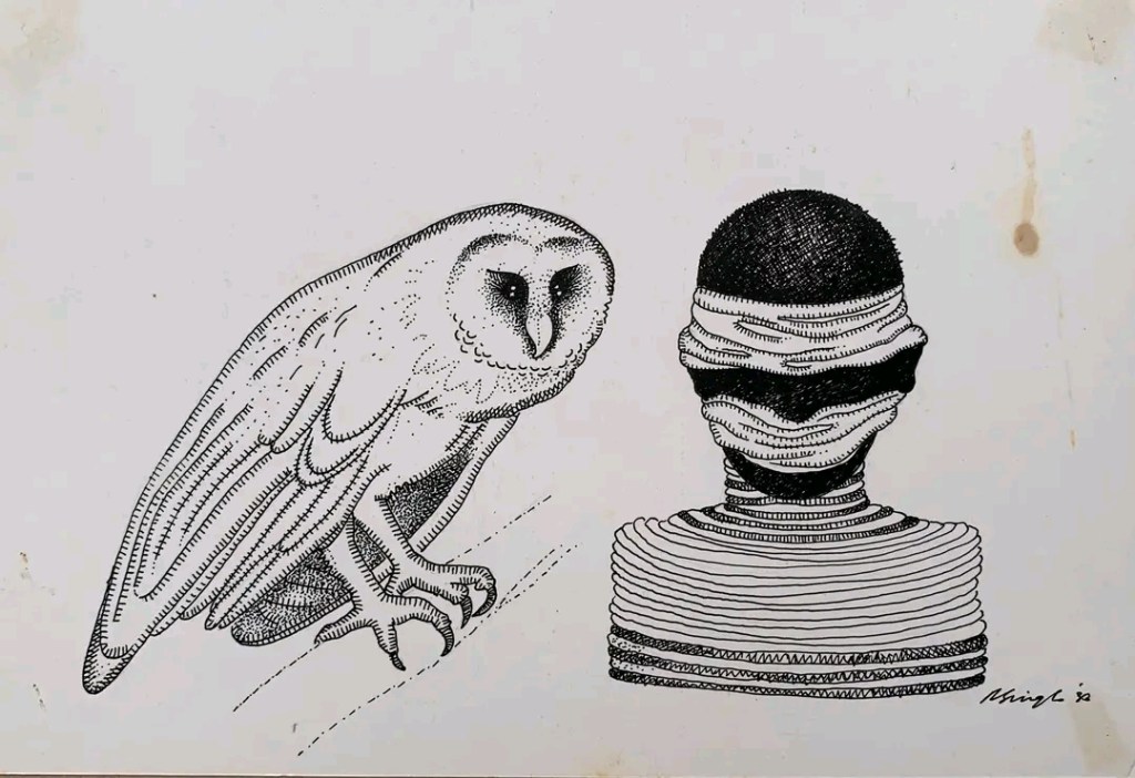 A detailed black and white illustration featuring a barn owl perched beside the back of a figure with bandaged eyes and striped clothing.