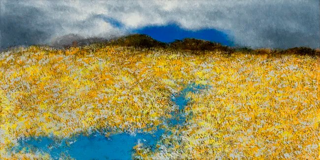 An abstract landscape painting featuring a field of golden hues with patches of blue water under a cloudy sky.