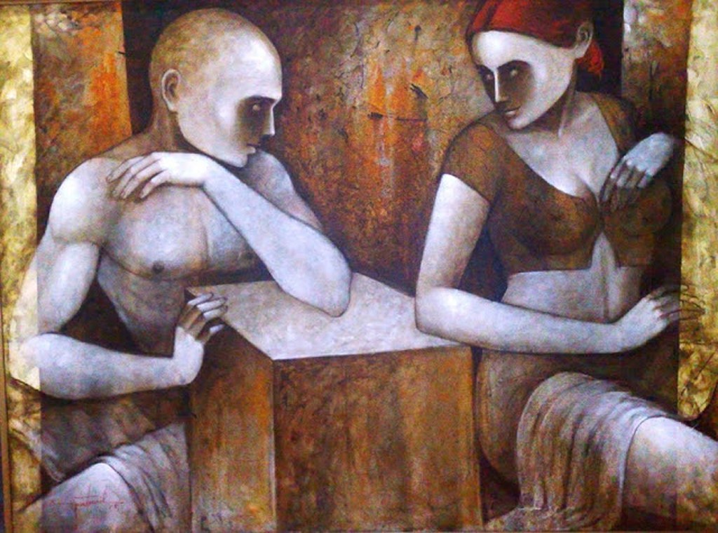 A painting depicting a man and woman sitting opposite each other, both with stylized features. The man has a shaved head and a contemplative expression, with one arm resting on a cube. The woman, with red hair, is gazing back at him in a seated position, wearing a brown top. The color palette is earthy, with shades of brown and gray.