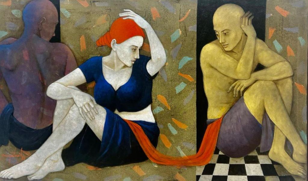A painting depicting two figures, one with a red headscarf and the other with a yellowish skin tone, both seated in a contemplative pose. The background features abstract shapes and contrasting colors, enhancing the emotional tension between the figures.