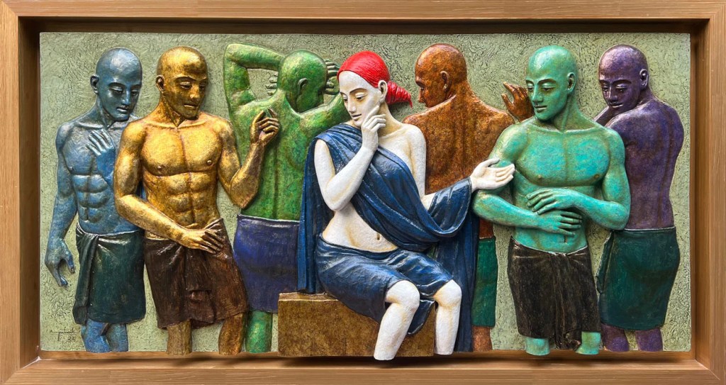 A textured relief sculpture featuring a central figure with red hair in a blue garment, surrounded by six stylized male figures in varying skin tones, each with distinct poses and expressions.