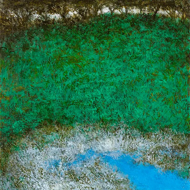 Abstract landscape featuring a vibrant green field and a small blue stream at the bottom.