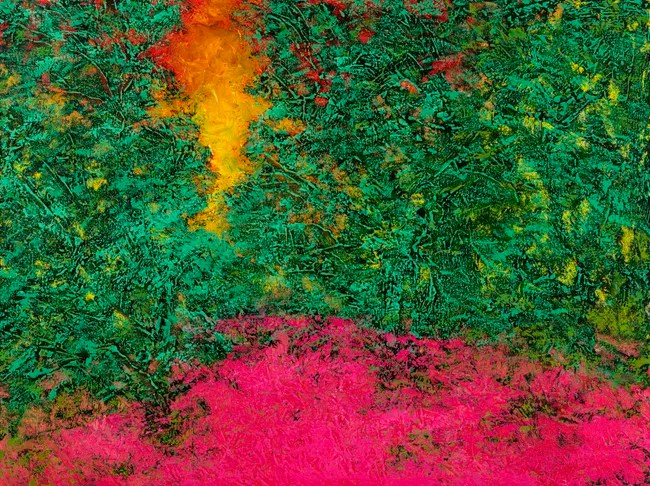Abstract artwork featuring vibrant green and pink textures with hints of orange and yellow.