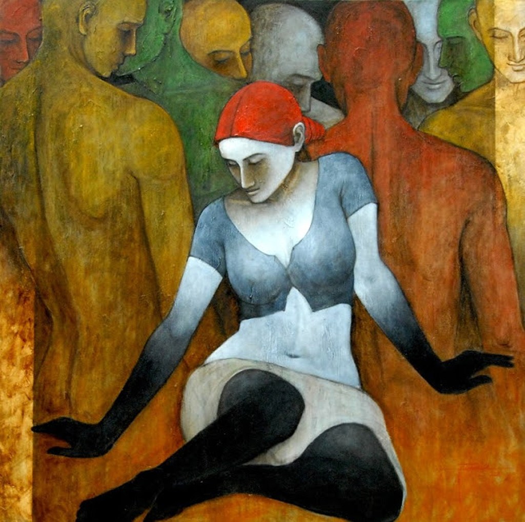 A woman with a red headscarf sits in front of a group of abstract figures in muted colors. The woman is wearing a gray top and a white skirt, with black stockings, while the figures behind her appear to be shadowy and ambiguous.