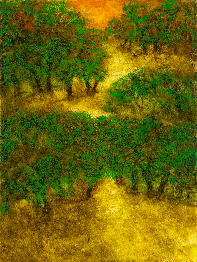 Abstract depiction of a lush green landscape with trees and a glowing golden pathway, set against an orange sunset sky.