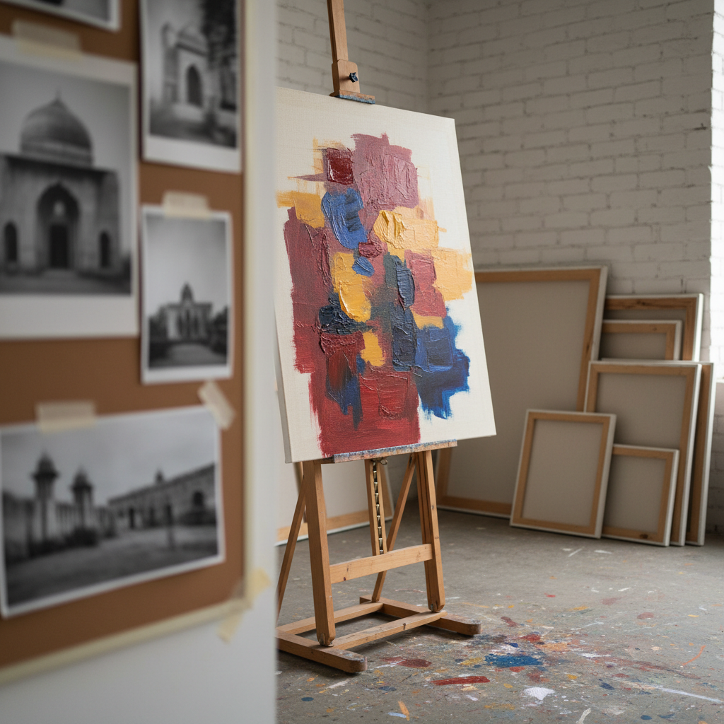 A serene corner of a contemporary Indian artist’s studio, without any people, featuring a large unfinished canvas on a sturdy wooden easel. The artwork shows emerging abstract forms in earthy reds, saffron, and indigo, with visible brushstrokes and taped reference photos of Indian architecture pinned to a nearby corkboard, softly out of focus. The concrete floor is speckled with dried paint, and neatly stacked canvases lean against a whitewashed brick wall. Soft, overcast daylight enters through an unseen window, producing even, shadowless illumination with gentle highlights on wet paint. Shot from a three-quarter angle with moderate depth of field, the scene feels calm, contemplative, and professionally documented, aligning with a photographic realism style ideal for a feature on India’s contemporary art practices.
