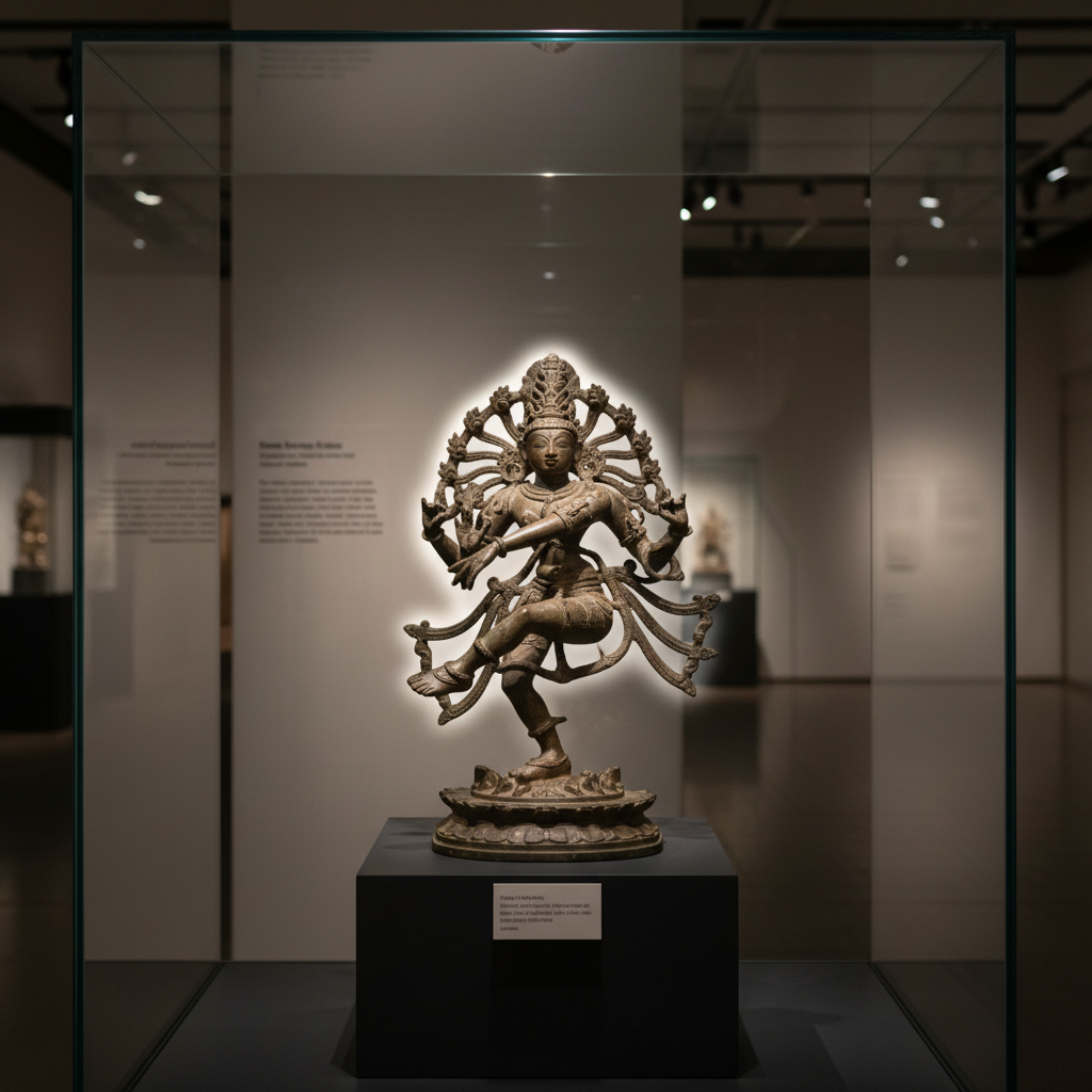 A polished glass display case in a modern Indian museum, containing a carefully lit bronze Chola-style Nataraja sculpture on a matte black plinth. The bronze gleams with age-worn patina in deep browns and subtle green highlights, surrounded by minimalist white wall labels that are deliberately out of focus. Cool, controlled museum lighting from above and behind creates a gentle rim light around the sculpture’s silhouette and a soft reflection on the glass surface. The camera is positioned at a slightly lowered eye level, framing the sculpture centrally with symmetrical balance, while distant gallery walls appear as diffused shapes. The photographic image is crisp, professional, and museum-journalistic, suitable for an article about major Indian art exhibitions and institutional collections.
