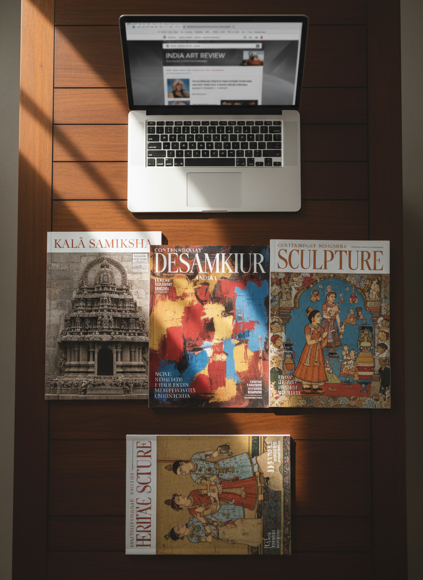 A meticulously arranged flat lay of Indian art magazines spread across a dark teakwood table, each cover featuring vivid reproductions of classical temple sculptures, contemporary abstract canvases, and intricate miniatures. A slim silver laptop lies half-open at the top edge, displaying a blurred news homepage about Indian art events. Soft, diffused morning light filters from the left, creating gentle reflections on a glossy magazine cover and subtle shadows between pages. Shot from a true bird’s-eye view with sharp focus across the frame, the composition feels organized and editorial. The photographic realism, clean lines, and professional, neutral color grading convey an authoritative, magazine-style atmosphere suitable for an Indian art news homepage hero image.
