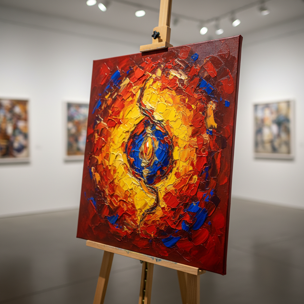 A close-up of a richly textured Indian oil painting on canvas, showing thick impasto strokes in deep vermilion, turmeric yellow, and indigo blue, with subtle metallic gold accents catching the light. The canvas rests on an easel in a minimalist white gallery space, with blurred outlines of framed artworks on the wall behind. Warm gallery spotlights from above create focused highlights on the raised paint ridges and cast a soft halo around the central area of the artwork. Captured at a slight angle with shallow depth of field, the painting’s surface is in crisp focus while the background fades into creamy bokeh. The photographic style is clean, professional, and contemporary, emphasizing Indian fine art in a modern exhibition setting.