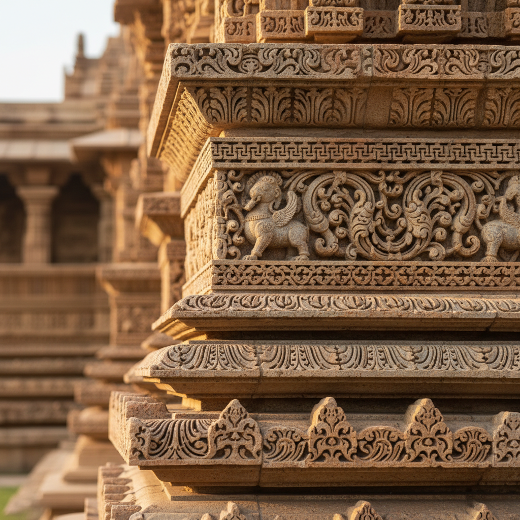 An intricately carved sandstone temple frieze from India, photographed in extreme detail to showcase swirling floral motifs, geometric borders, and stylized mythological creatures. The weathered stone surface reveals subtle variations of ochre, umber, and pale grey, with centuries of erosion visible in softened edges. The sculpture occupies the right two-thirds of the frame, while the left third falls into a softly blurred architectural background, suggesting the larger temple structure. Late afternoon golden-hour sunlight skims across the carvings from the side, creating dramatic shadows that emphasize depth and craftsmanship. Shot at eye level with a medium focal length for natural perspective, the photographic realism and warm, dignified mood underscore India’s cultural heritage for an art and culture news feature.