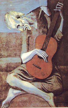 A somber figure seated and playing an acoustic guitar, depicting a melancholic scene with muted colors and elongated features, reminiscent of Pablo Picasso's Blue Period style.