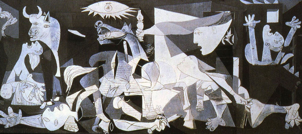 A black and white abstract painting featuring distorted figures, animals, and symbolic elements, representing chaos and suffering.