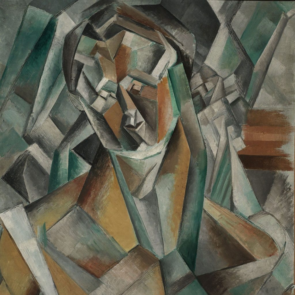 A cubist painting depicting an abstract figure with angular shapes and muted colors, showcasing a unique interpretation of form and perspective.