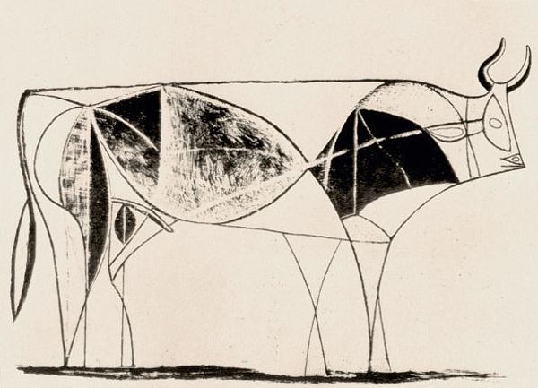 A stylized black and white drawing of a cow, featuring geometric shapes and abstract lines.