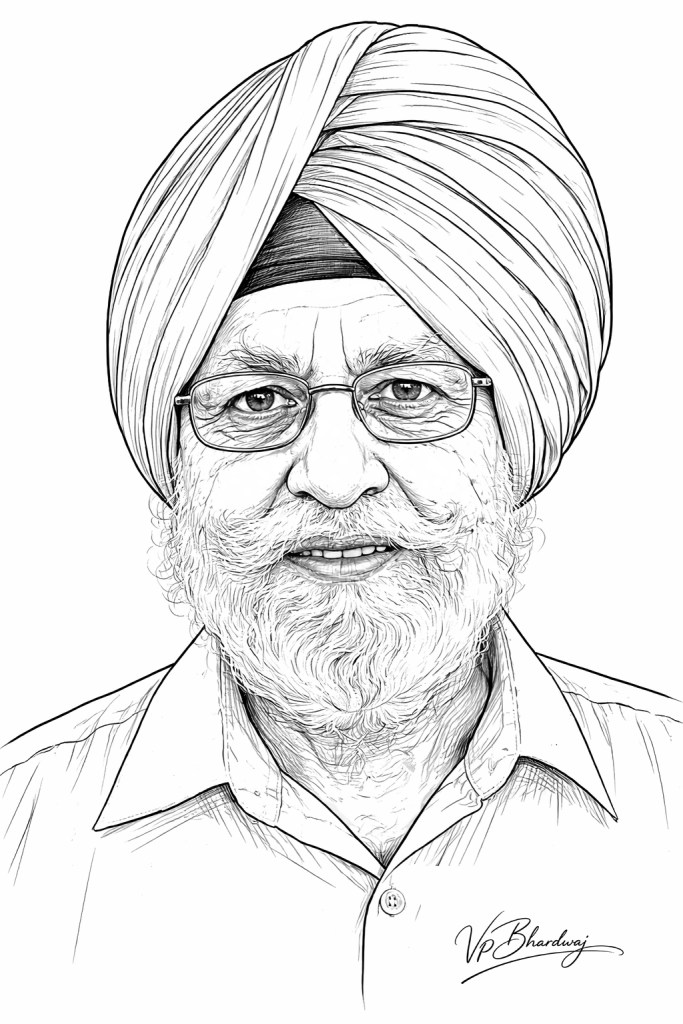 A detailed black and white sketch of a man with a turban and glasses, featuring a beard and wearing a collared shirt.