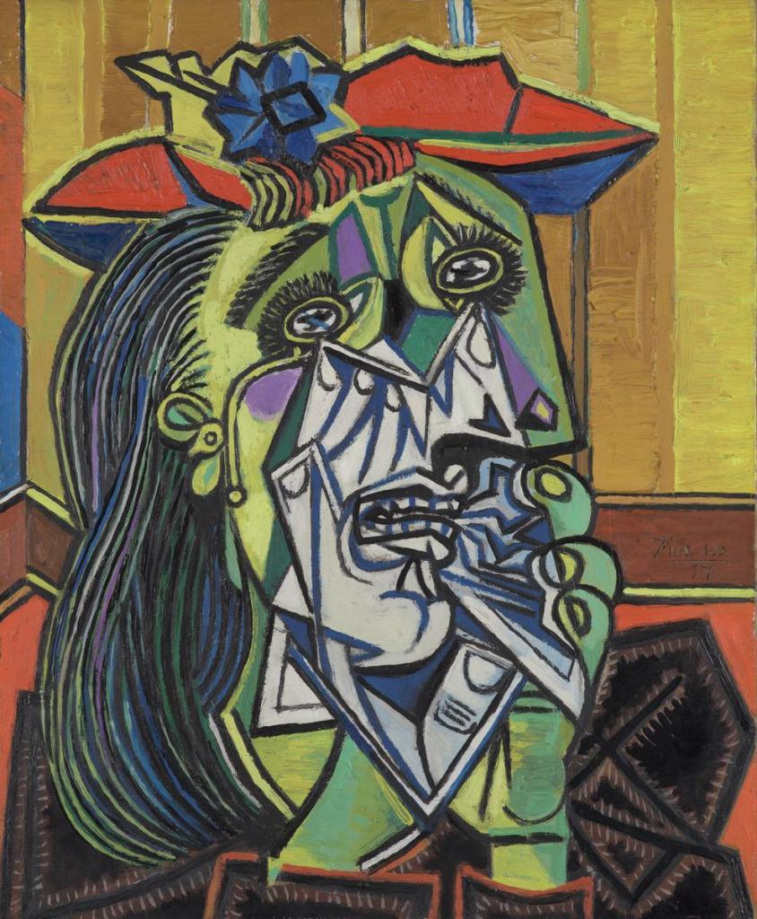 Abstract painting featuring a distorted face with exaggerated features, vivid colors, and a hat adorned with a flower, reflecting a cubist style.