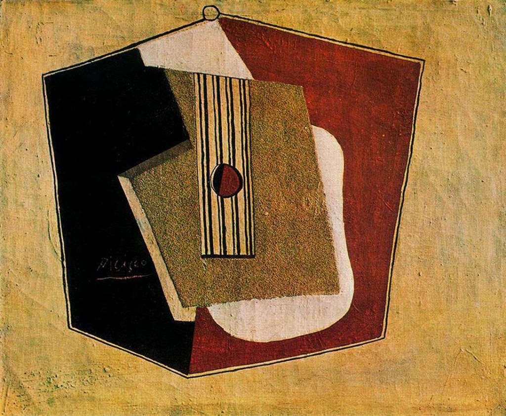 An abstract painting featuring geometric shapes with a combination of colors including black, red, and beige, displaying a central brownish figure with stripes and a circular accent.