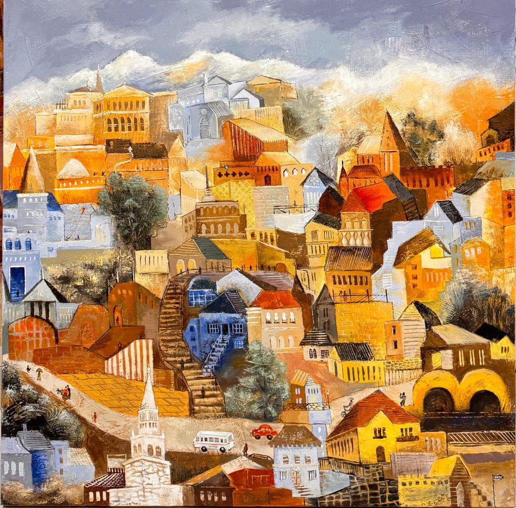 A colorful abstract painting depicting a whimsical town with various buildings, rooftops, and a cloudy sky.