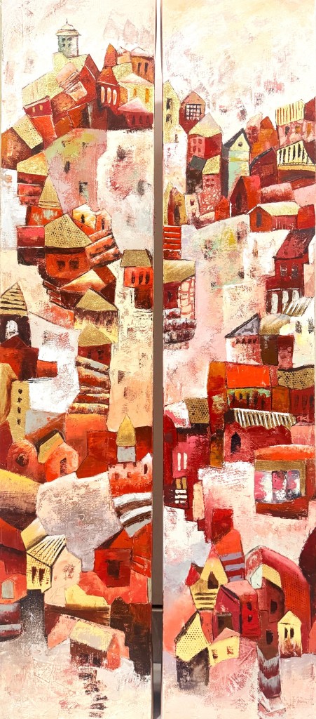 Abstract painting featuring colorful houses in various shapes and sizes, predominantly in red, orange, and cream tones.