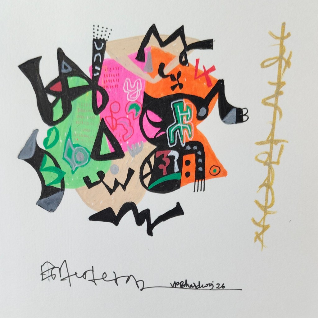 An abstract artwork featuring a mix of colorful shapes and patterns, including greens, pinks, oranges, and blacks, alongside a gold vertical line and an artist's signature at the bottom.