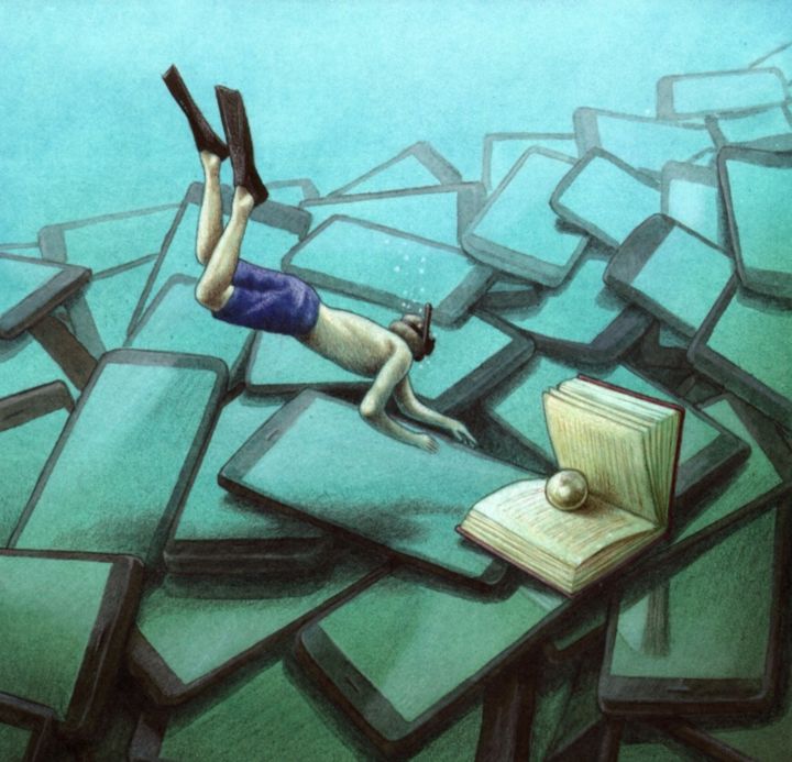 A person diving underwater among a pile of smartphones, with an open book nearby, symbolizing the contrast between digital devices and traditional reading.