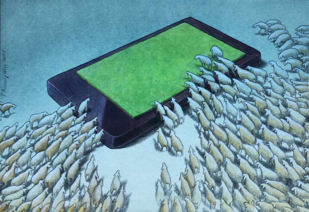 An illustration of a smartphone with a green screen surrounded by a stream of white sheep, symbolizing social influence or herd mentality.