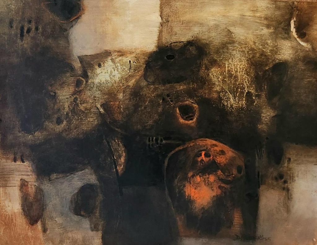 An abstract painting featuring dark, muted colors with hints of orange and brown. The composition includes indistinct faces and shapes, suggesting depth and emotion.