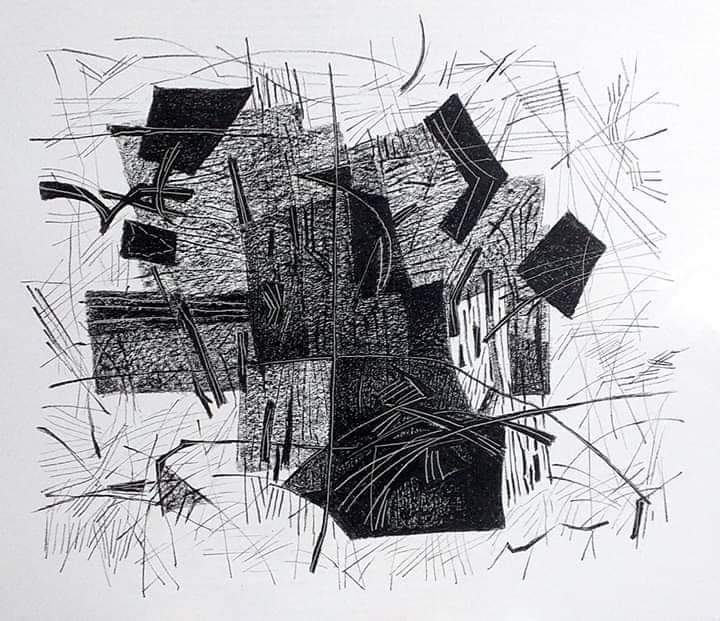 Abstract monochromatic drawing featuring geometric shapes and lines, creating a dynamic composition.