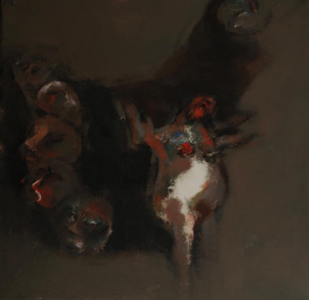 An abstract painting featuring blurred figures with a central focus on a human-like form, rendered in dark tones with hints of red and white.