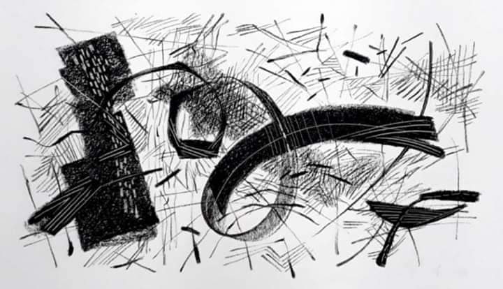 Abstract black and white illustration featuring dynamic lines and shapes, creating a textured and layered composition.