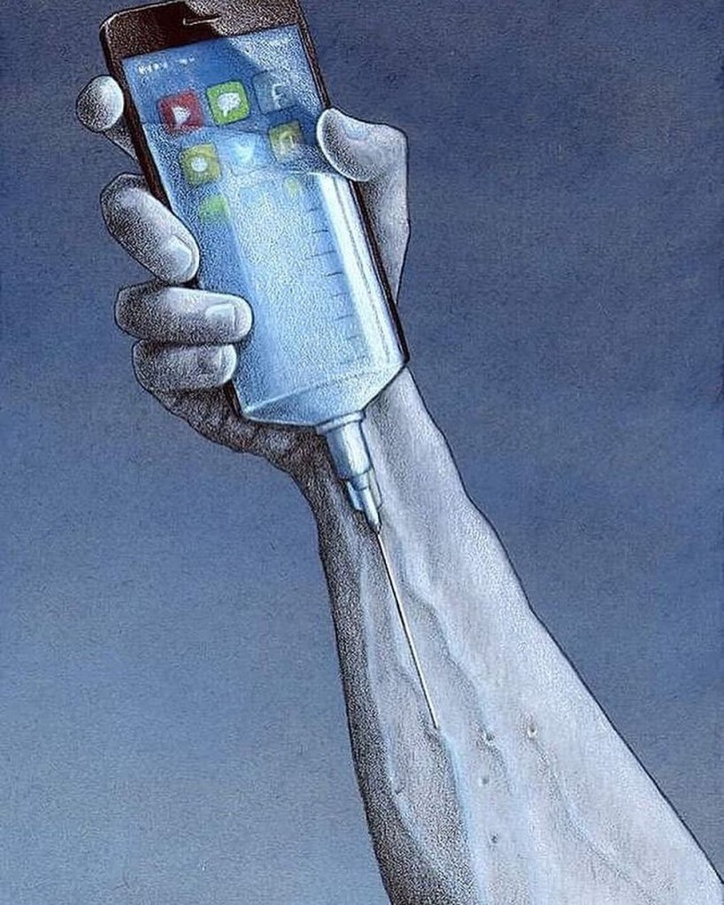 A hand holding a smartphone connected to a syringe, which is injecting into an arm.