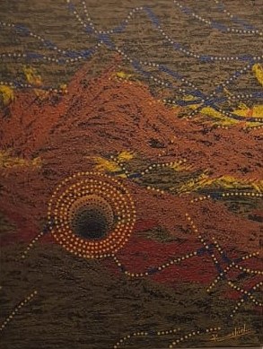 Abstract painting featuring vibrant colors and dot patterns representing a landscape.
