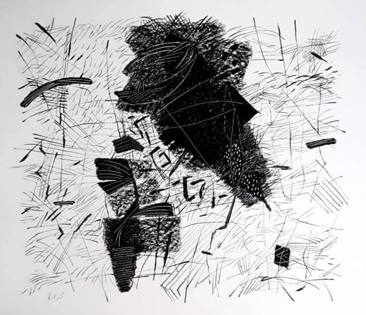 Abstract black and white artwork featuring various patterns and shapes with intricate textures.