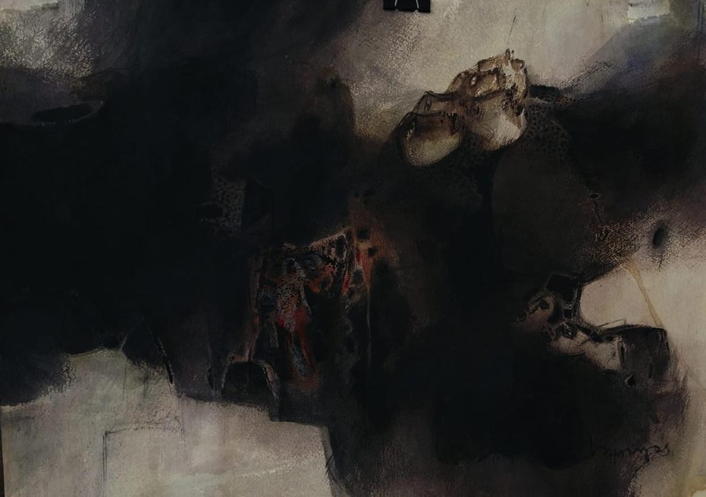 An abstract painting featuring dark tones, with hints of lighter colors. The composition includes obscured shapes and textures, creating a mysterious and layered effect.