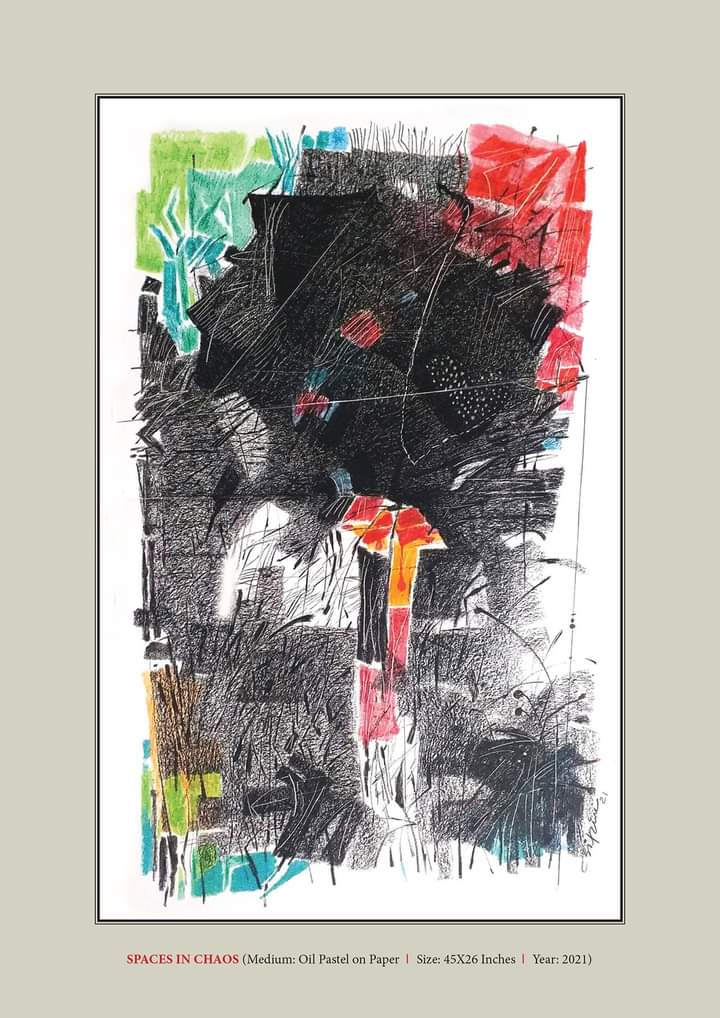 Abstract artwork titled 'Spaces in Chaos' featuring vibrant colors including red, green, and black, created with oil pastel on paper. The piece showcases dynamic and chaotic patterns.