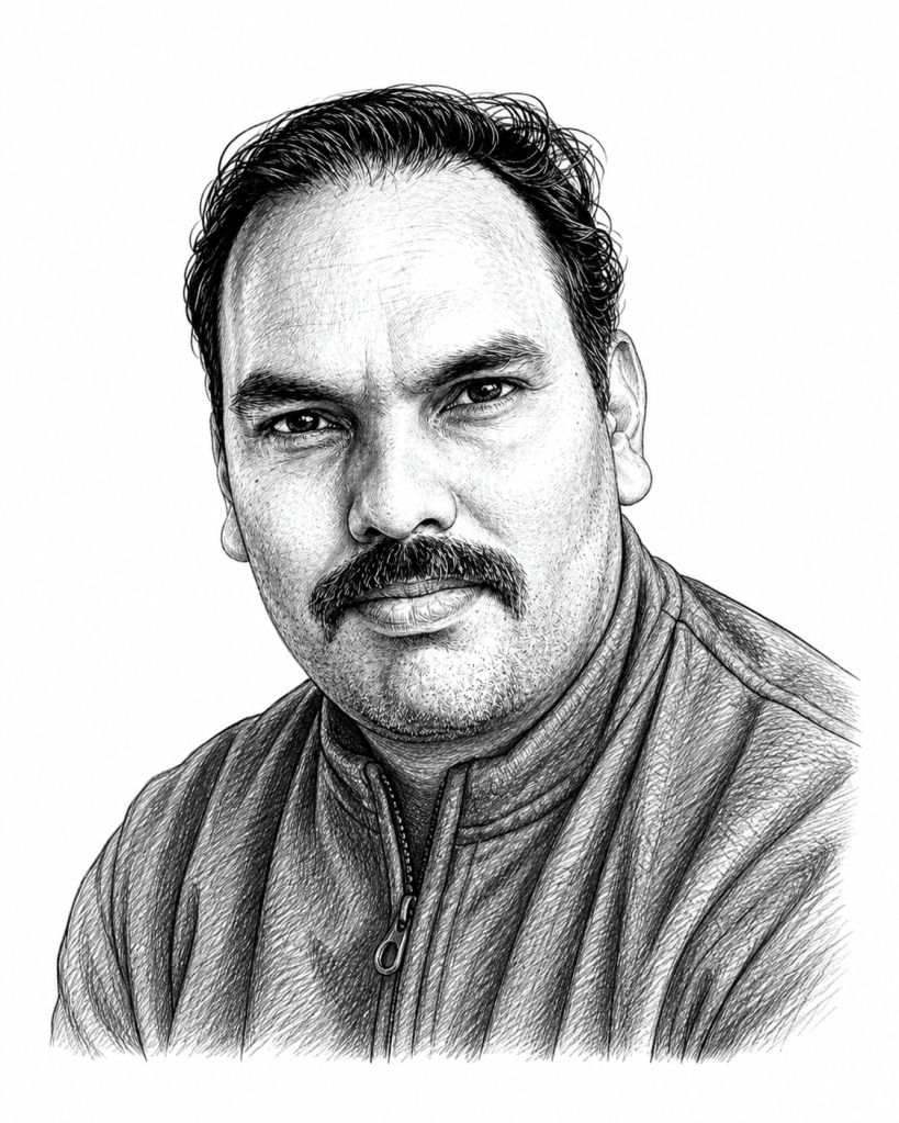 A detailed black and white sketch of a man with a mustache and short hair, wearing a zippered jacket, looking directly at the viewer.