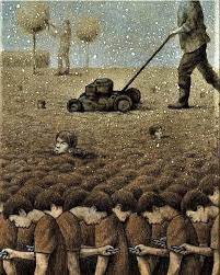 A surreal image depicting a man mowing a field where figures are emerging from the ground, with another figure behind him in a peaceful landscape.